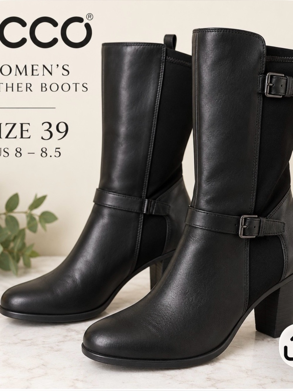 ECCO Sullivan Black Leather Buckle Boots Women’s 39 US 8–8.5